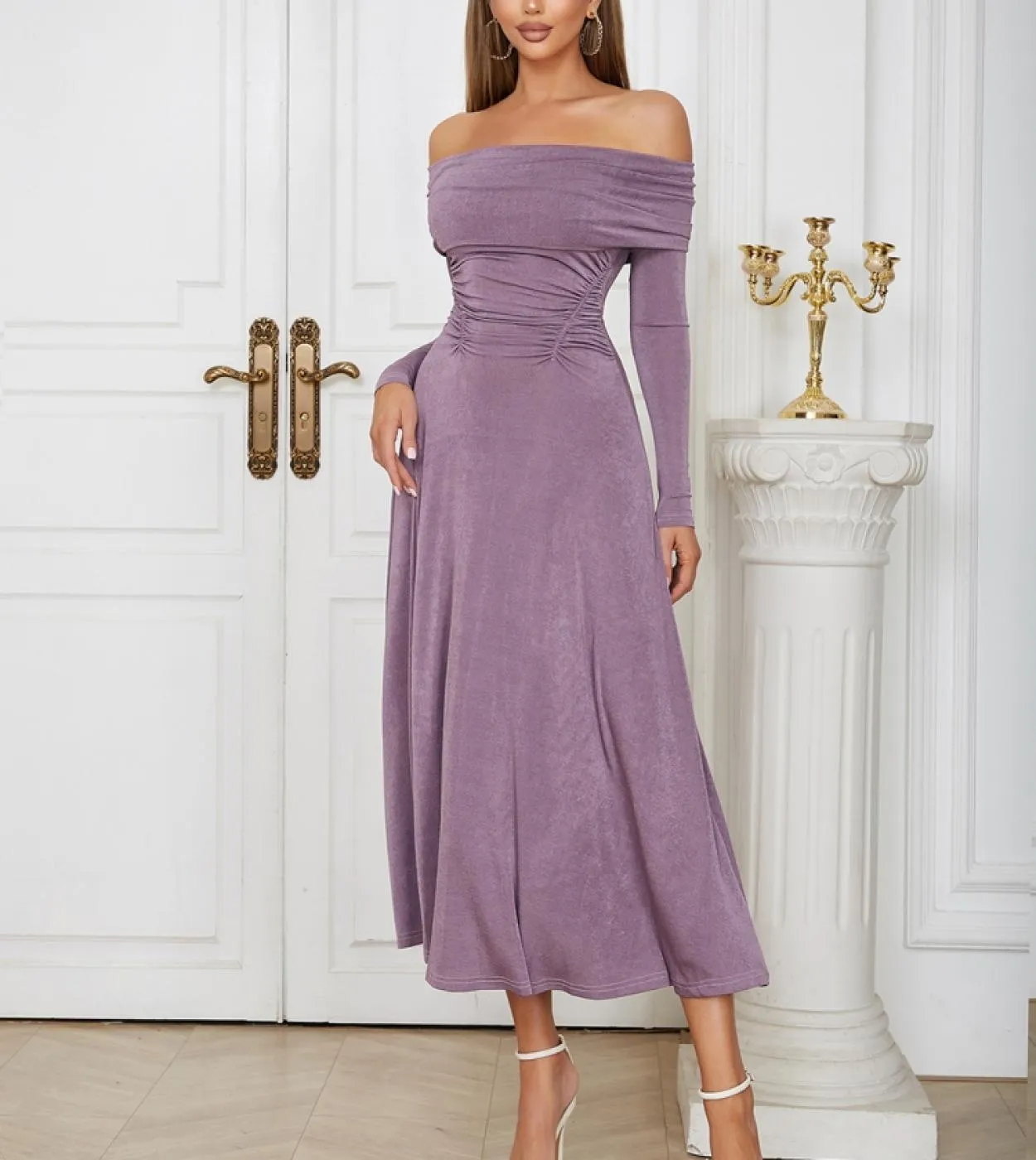 Off The Shoulder manica lunga plissettata abito linea donna temperamento senza spalline viola abito longuette da sera Club Dres