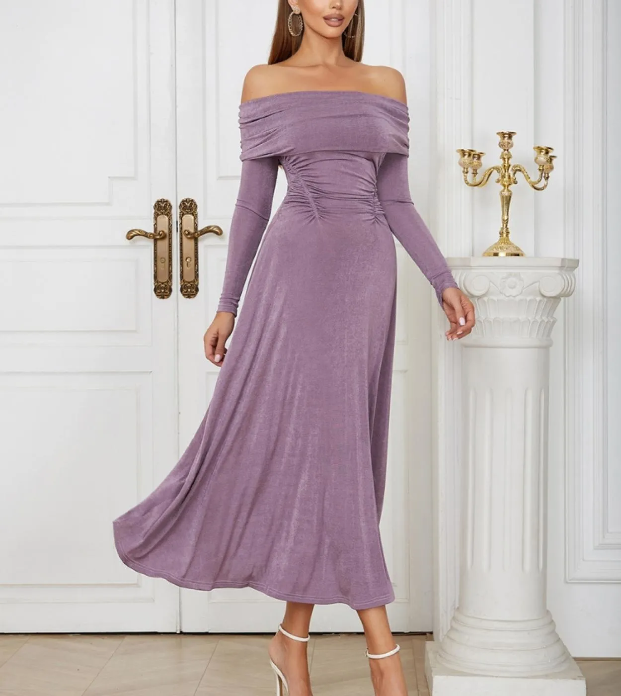 Off The Shoulder manica lunga plissettata abito linea donna temperamento senza spalline viola abito longuette da sera Club Dres