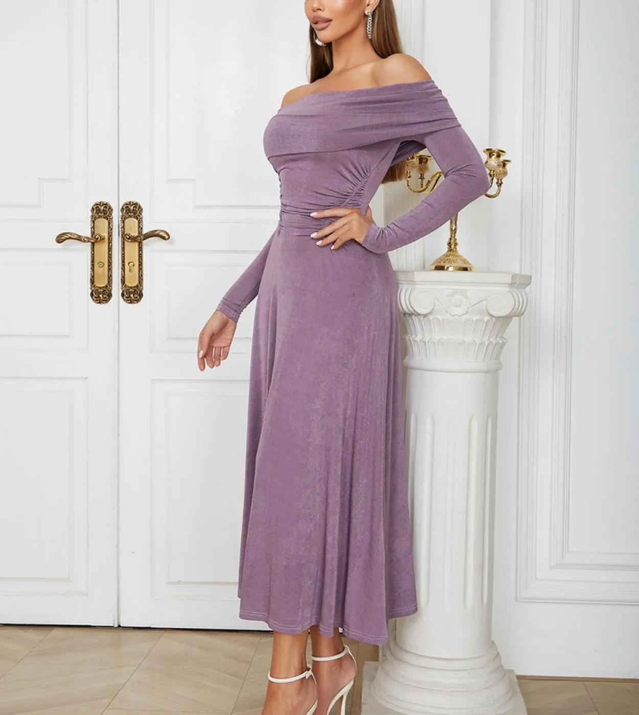 Off The Shoulder manica lunga plissettata abito linea donna temperamento senza spalline viola abito longuette da sera Club Dres