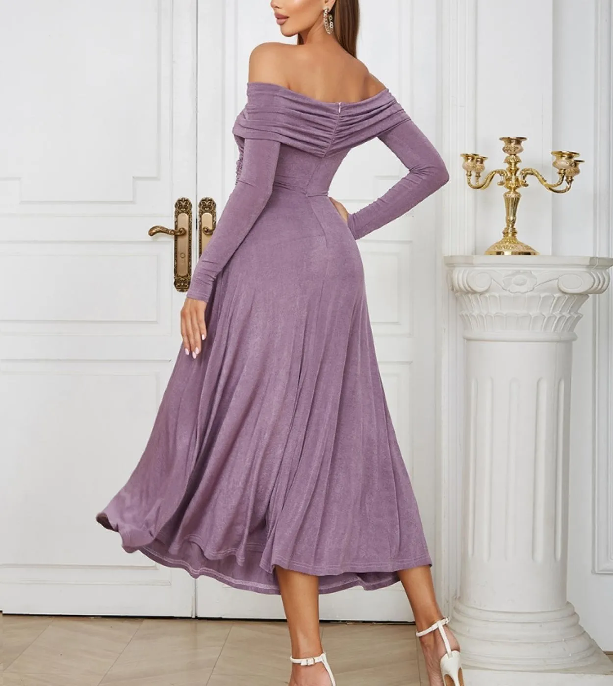 Off The Shoulder manica lunga plissettata abito linea donna temperamento senza spalline viola abito longuette da sera Club Dres