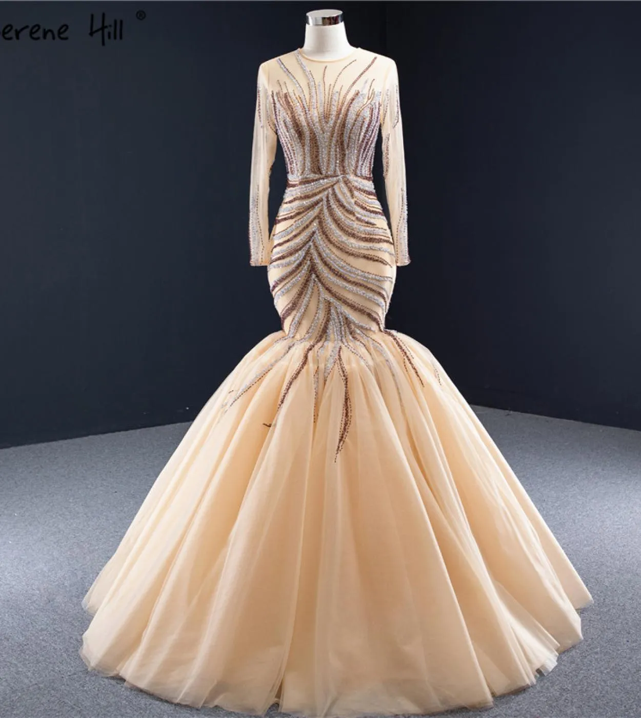 Oro Dubai Luxury Mermaid Design Abiti da sposa Maniche lunghe Paillettes Perline Abiti da sposa Serene Hill Hm66946 Custom Ma