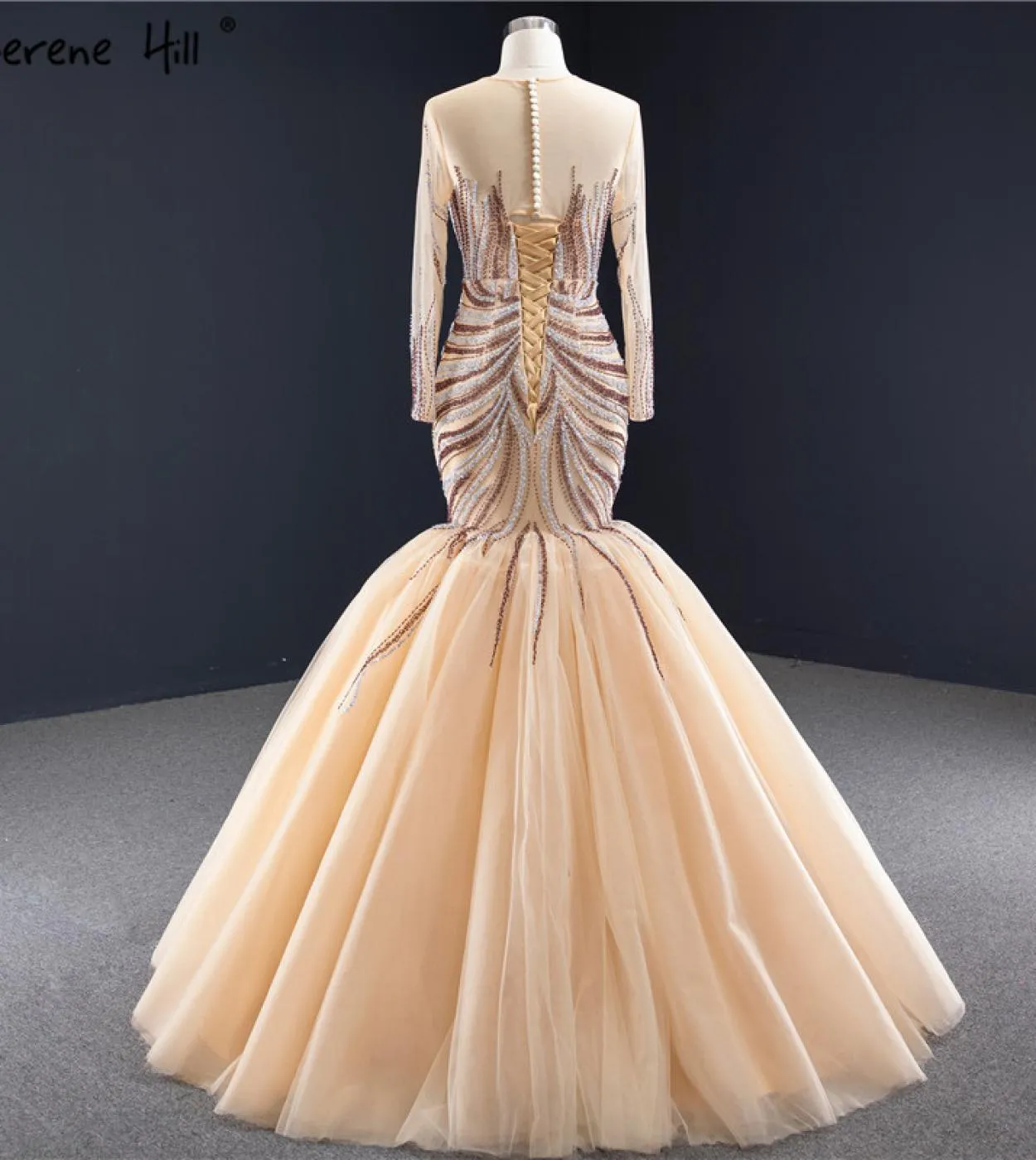 Oro Dubai Luxury Mermaid Design Abiti da sposa Maniche lunghe Paillettes Perline Abiti da sposa Serene Hill Hm66946 Custom Ma