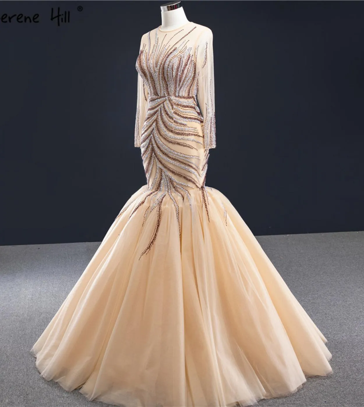Oro Dubai Luxury Mermaid Design Abiti da sposa Maniche lunghe Paillettes Perline Abiti da sposa Serene Hill Hm66946 Custom Ma