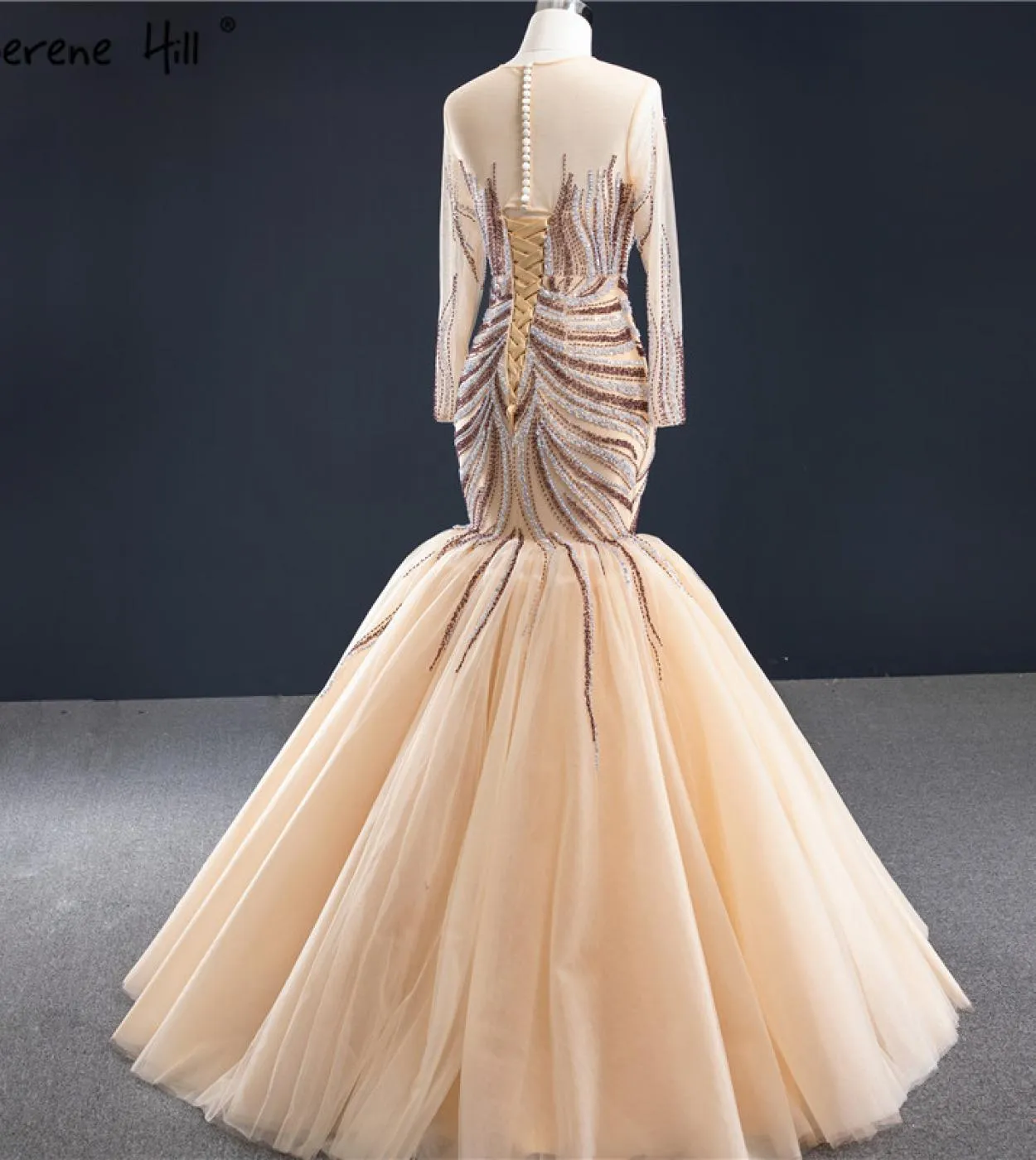 Oro Dubai Luxury Mermaid Design Abiti da sposa Maniche lunghe Paillettes Perline Abiti da sposa Serene Hill Hm66946 Custom Ma