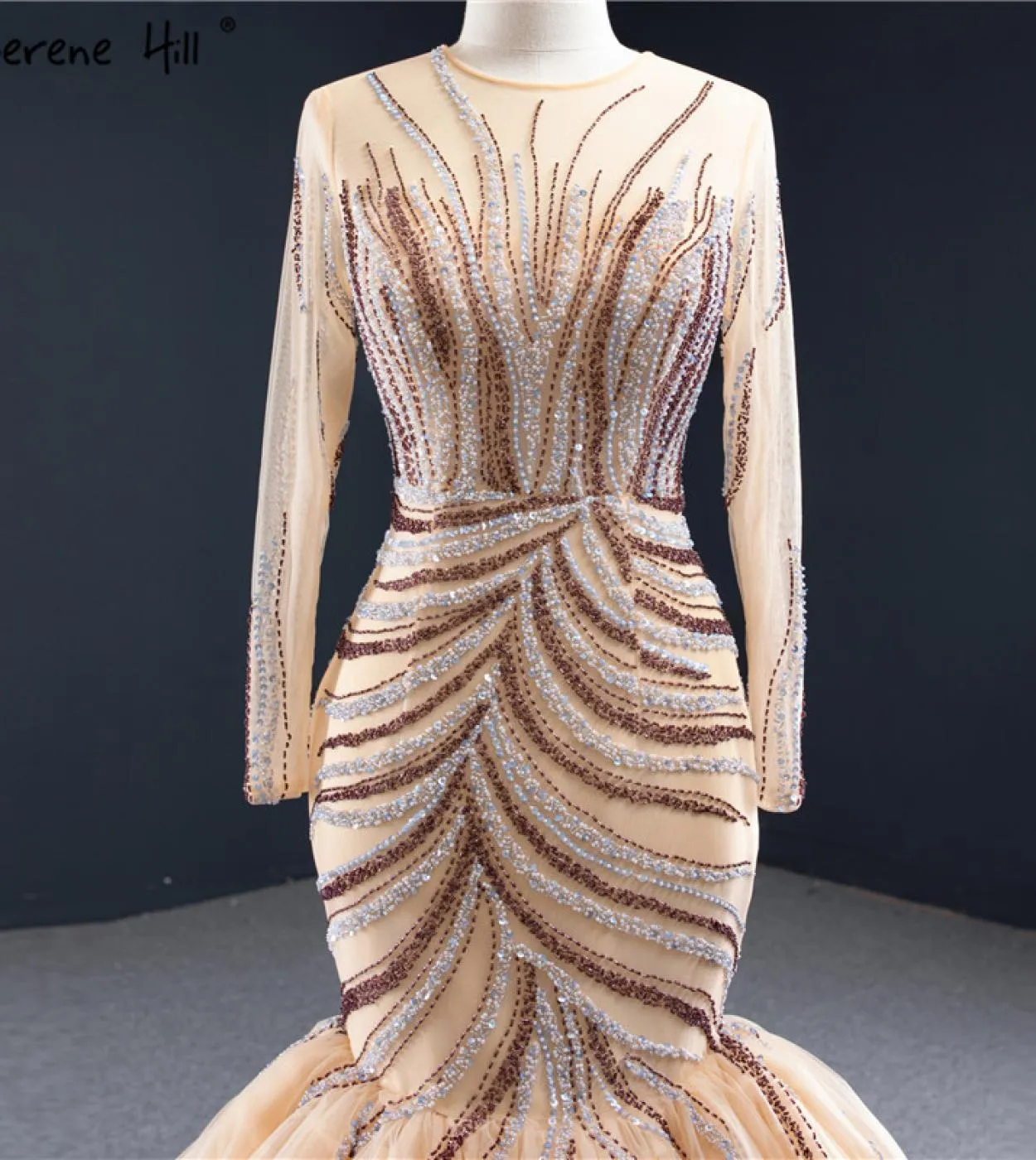 Oro Dubai Luxury Mermaid Design Abiti da sposa Maniche lunghe Paillettes Perline Abiti da sposa Serene Hill Hm66946 Custom Ma
