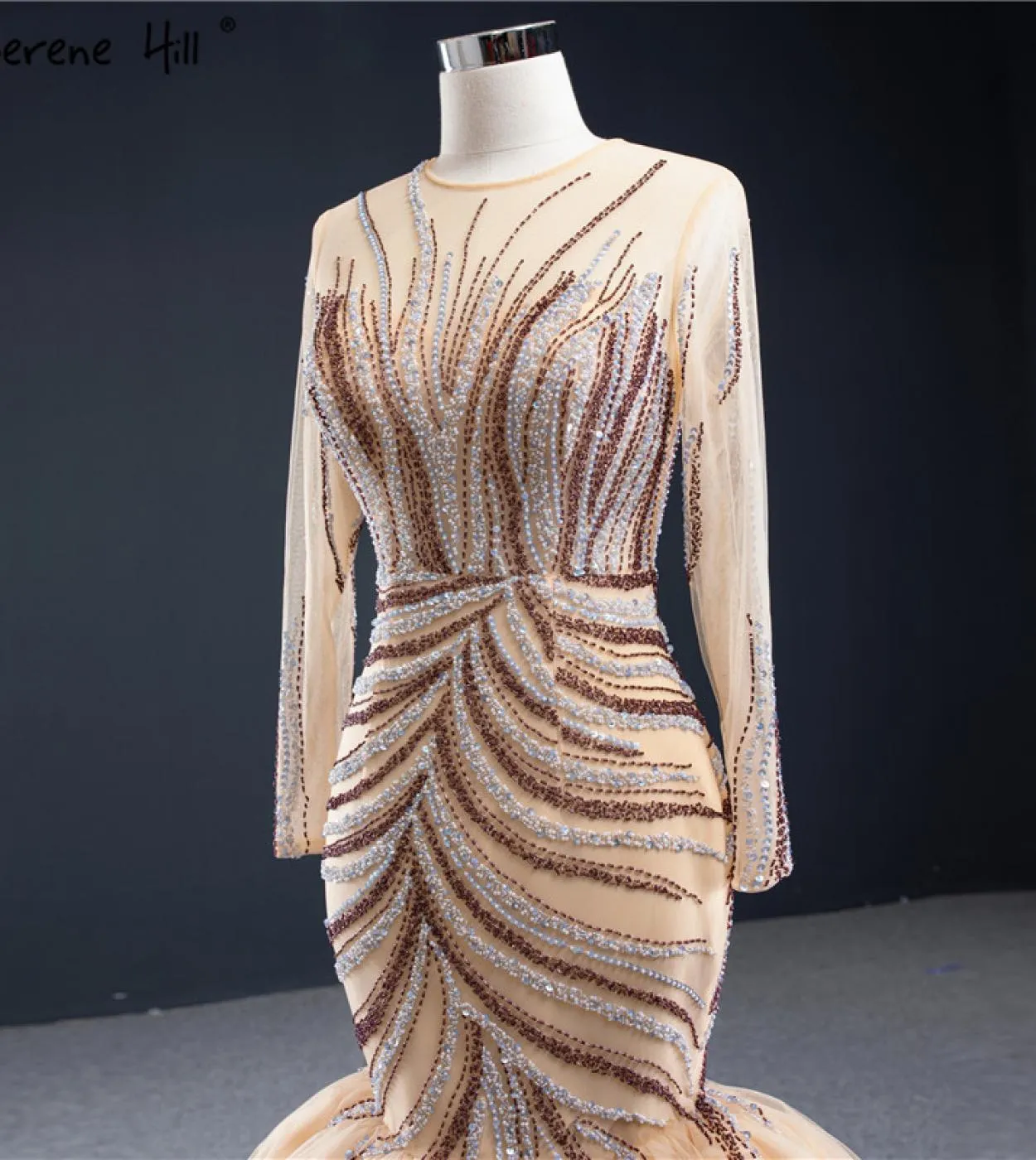 Oro Dubai Luxury Mermaid Design Abiti da sposa Maniche lunghe Paillettes Perline Abiti da sposa Serene Hill Hm66946 Custom Ma