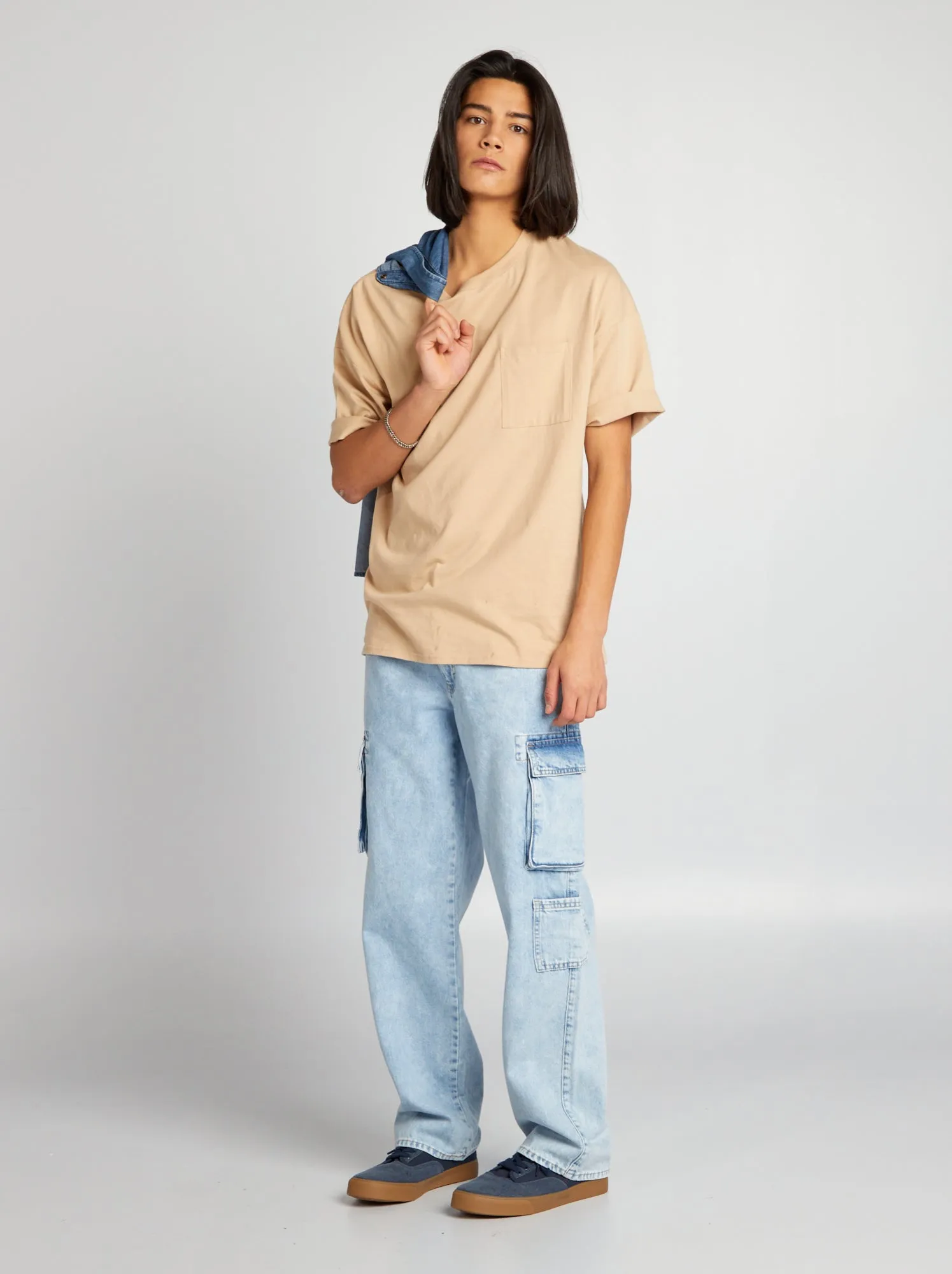 Pantaloni in denim wide leg con tasche - BLU
