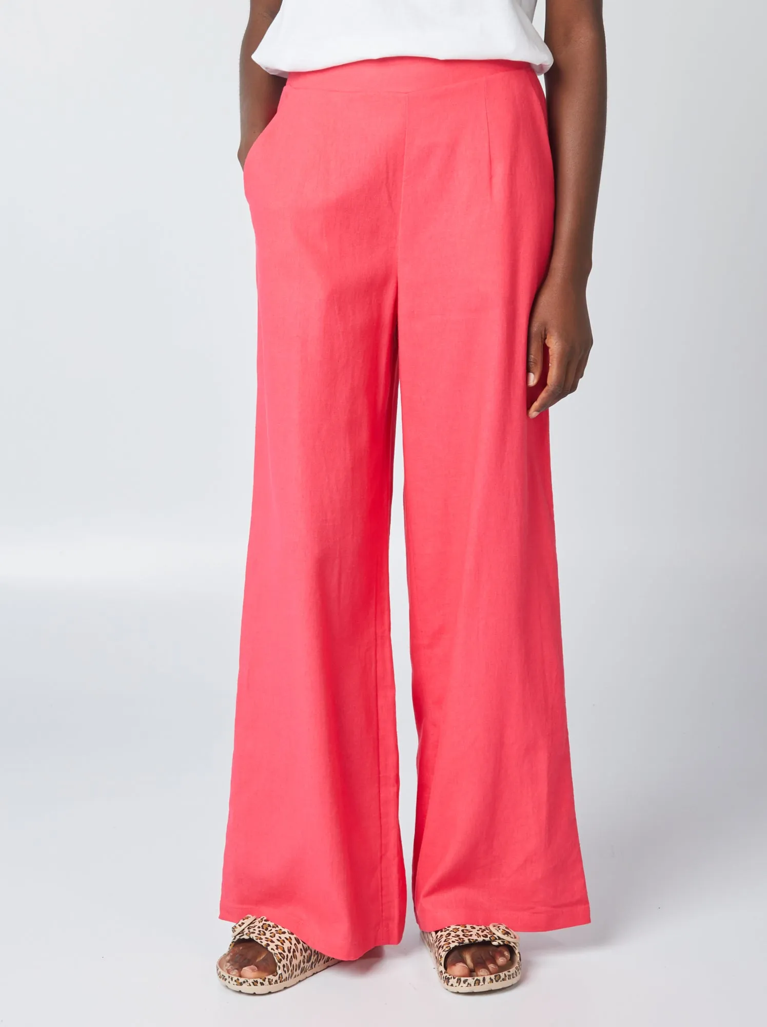 Pantaloni larghi in misto lino - ROSA