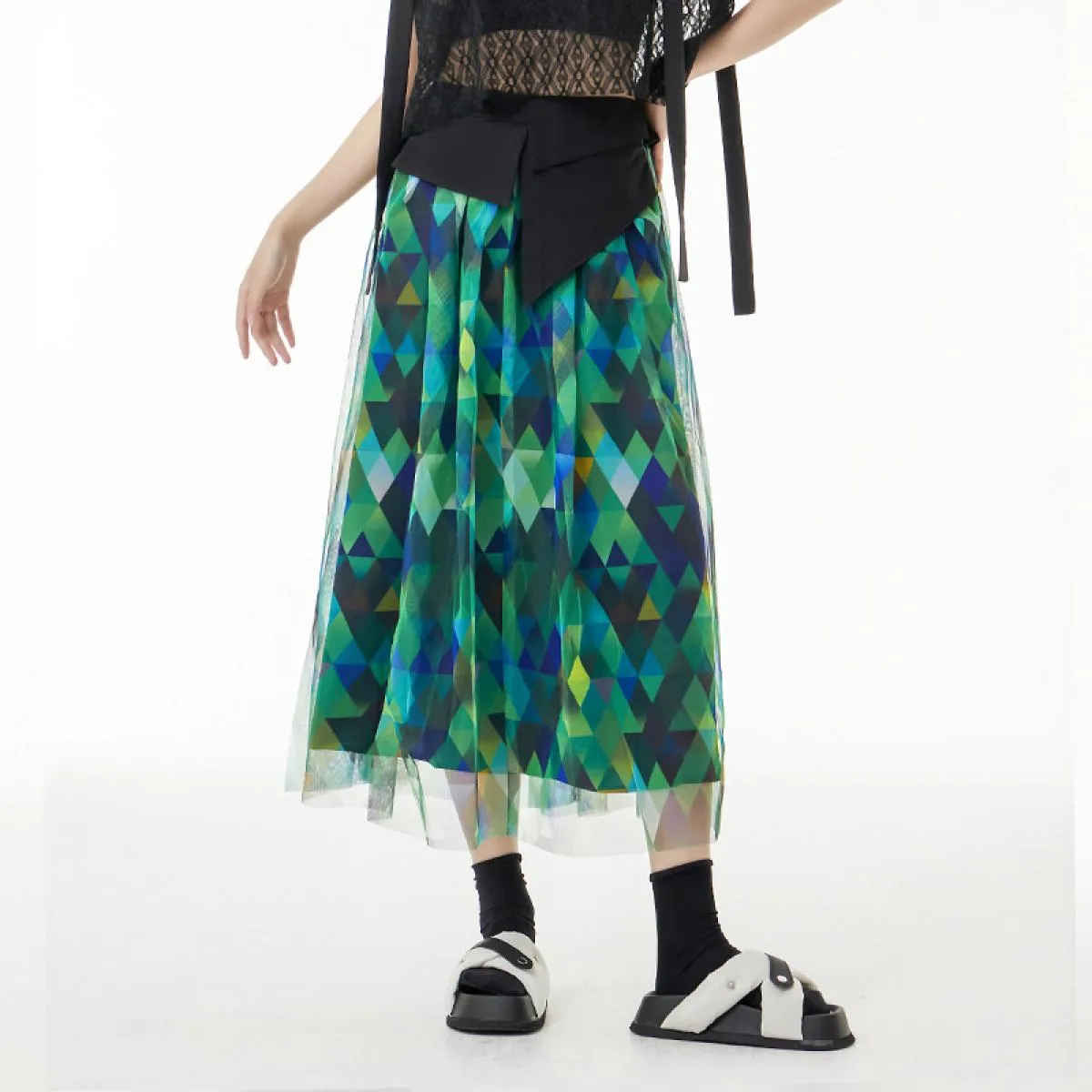 Qing Mo Color Block Mesh Patchwork Mezza Lunghezza Gonna Donna 2023 Estate Sottile A Vita Alta Sottile Alla Moda Una Gonna Linea