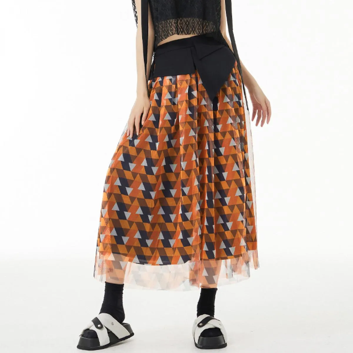 Qing Mo Color Block Mesh Patchwork Mezza Lunghezza Gonna Donna 2023 Estate Sottile A Vita Alta Sottile Alla Moda Una Gonna Linea