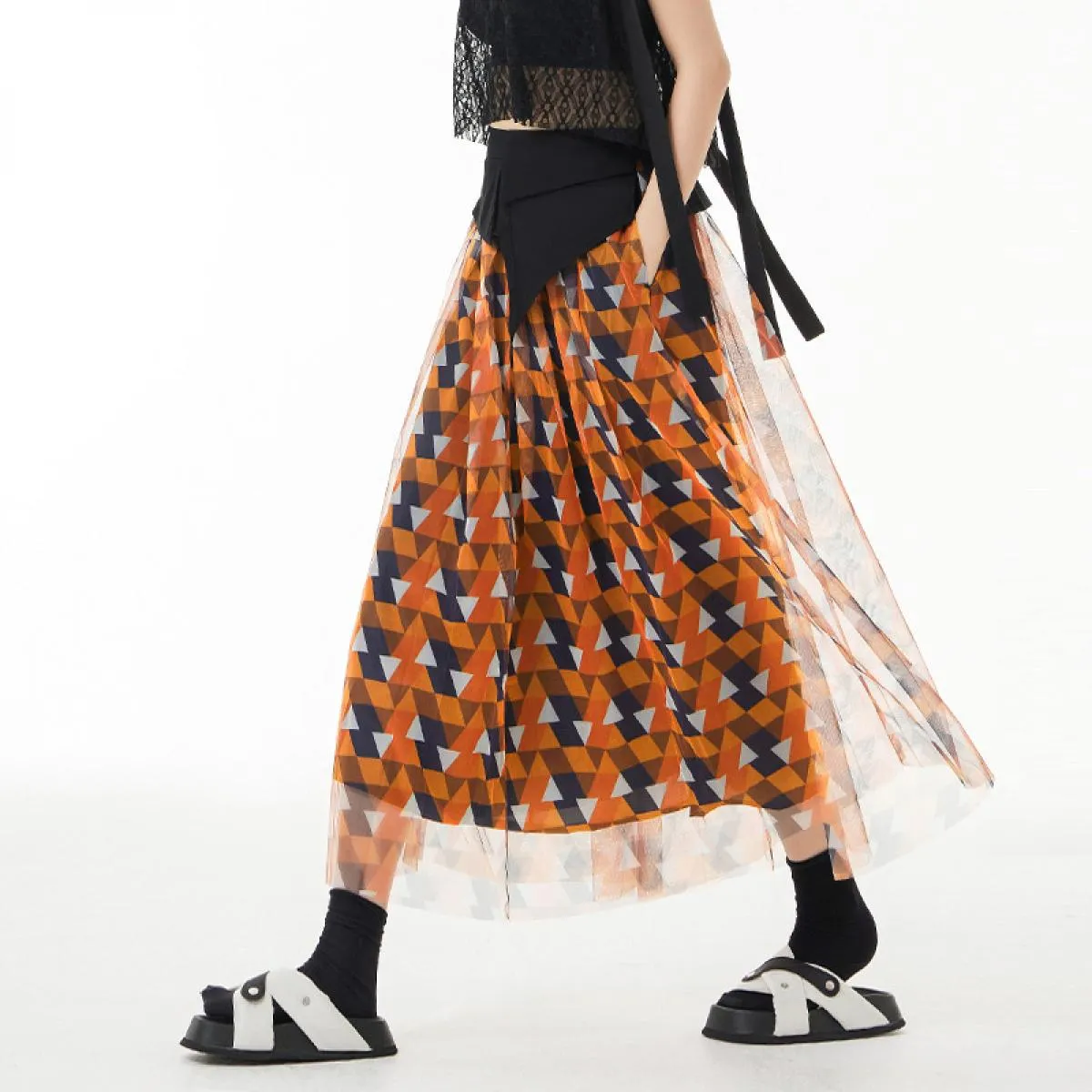 Qing Mo Color Block Mesh Patchwork Mezza Lunghezza Gonna Donna 2023 Estate Sottile A Vita Alta Sottile Alla Moda Una Gonna Linea