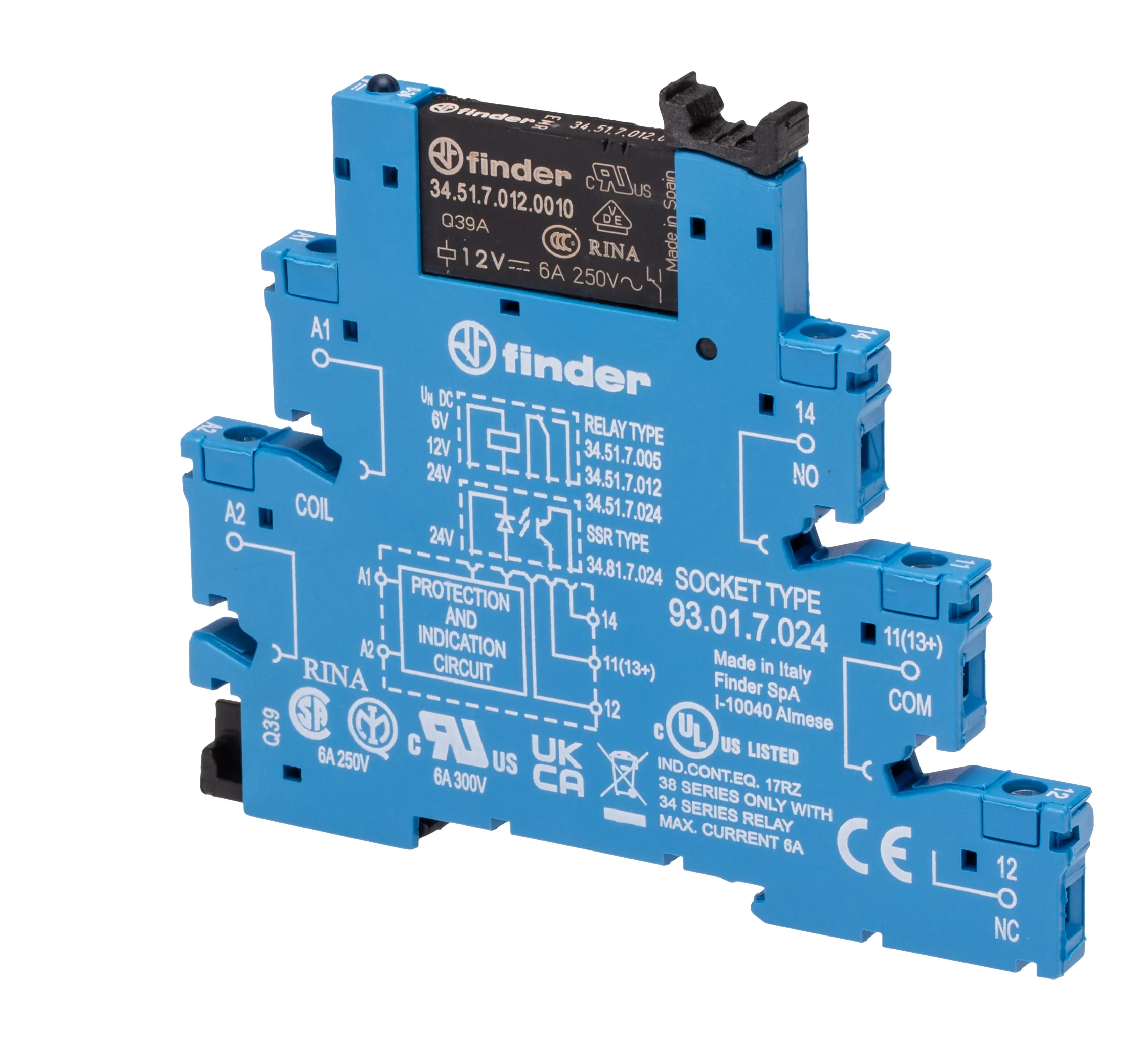 Relè d'interfaccia Finder serie 38 Series, bobina 12V cc, Guida DIN, contatti SPDT