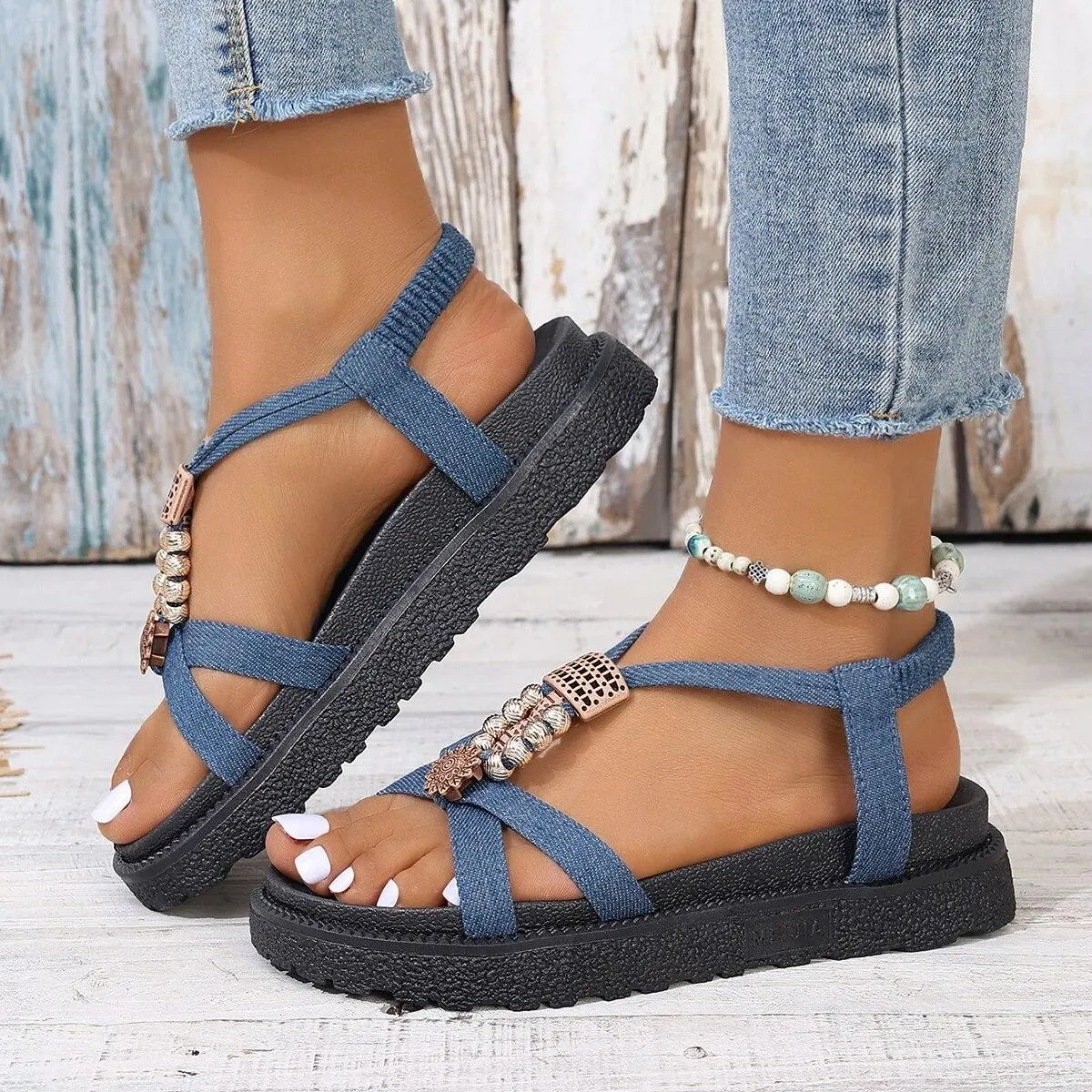 Sandali con tacco a zeppa con perline per donna Estate 2024 scarpe da gladiatore con plateau sandali da spiaggia antiscivolo con
