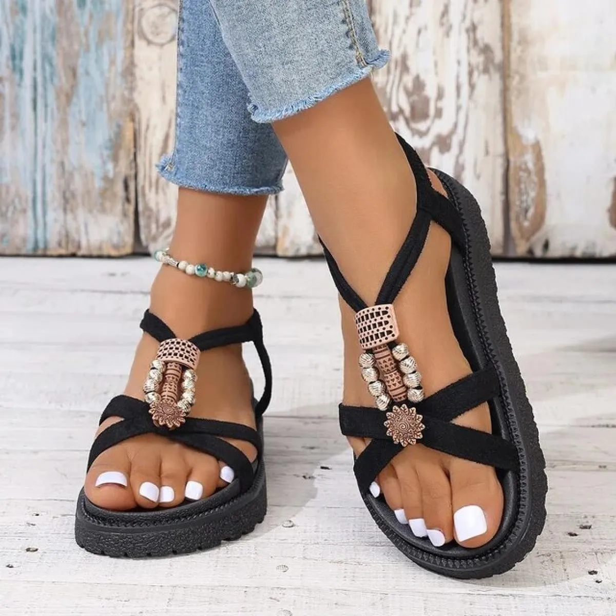 Sandali con tacco a zeppa con perline per donna Estate 2024 scarpe da gladiatore con plateau sandali da spiaggia antiscivolo con