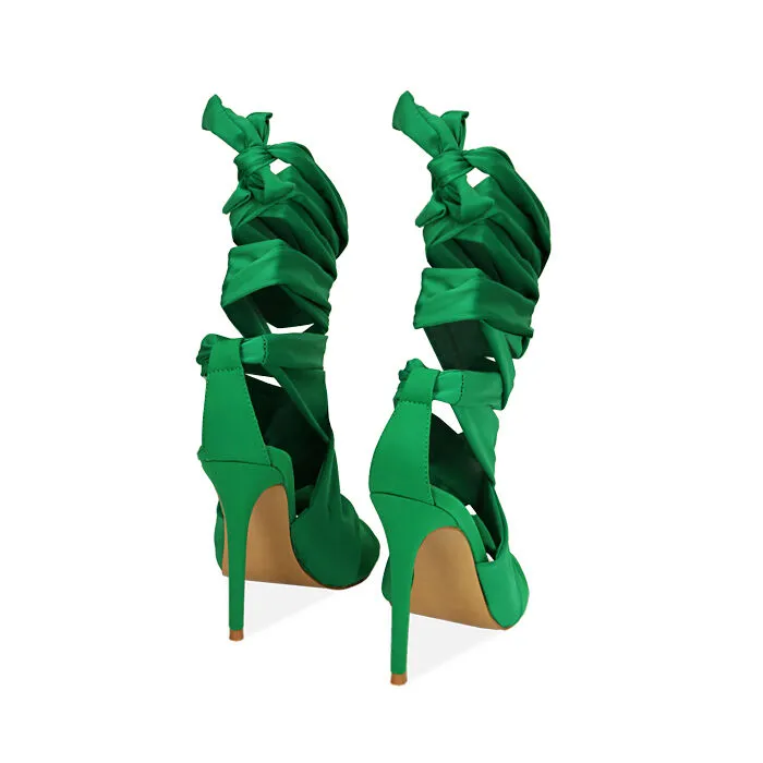 Sandali lace-up verdi in lycra, tacco 9,5 cm
