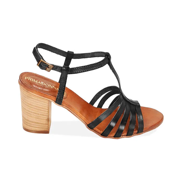 Sandali neri in pelle di vacchetta, tacco 8 cm