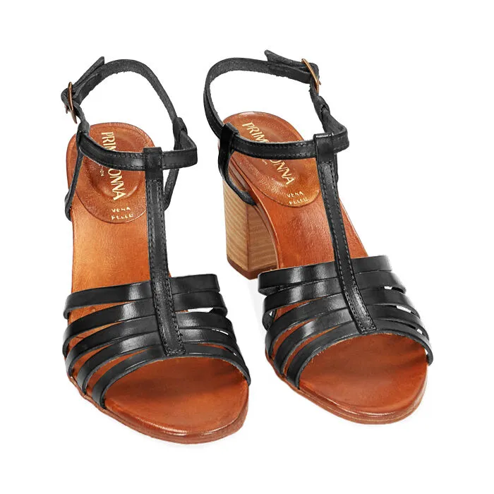 Sandali neri in pelle di vacchetta, tacco 8 cm
