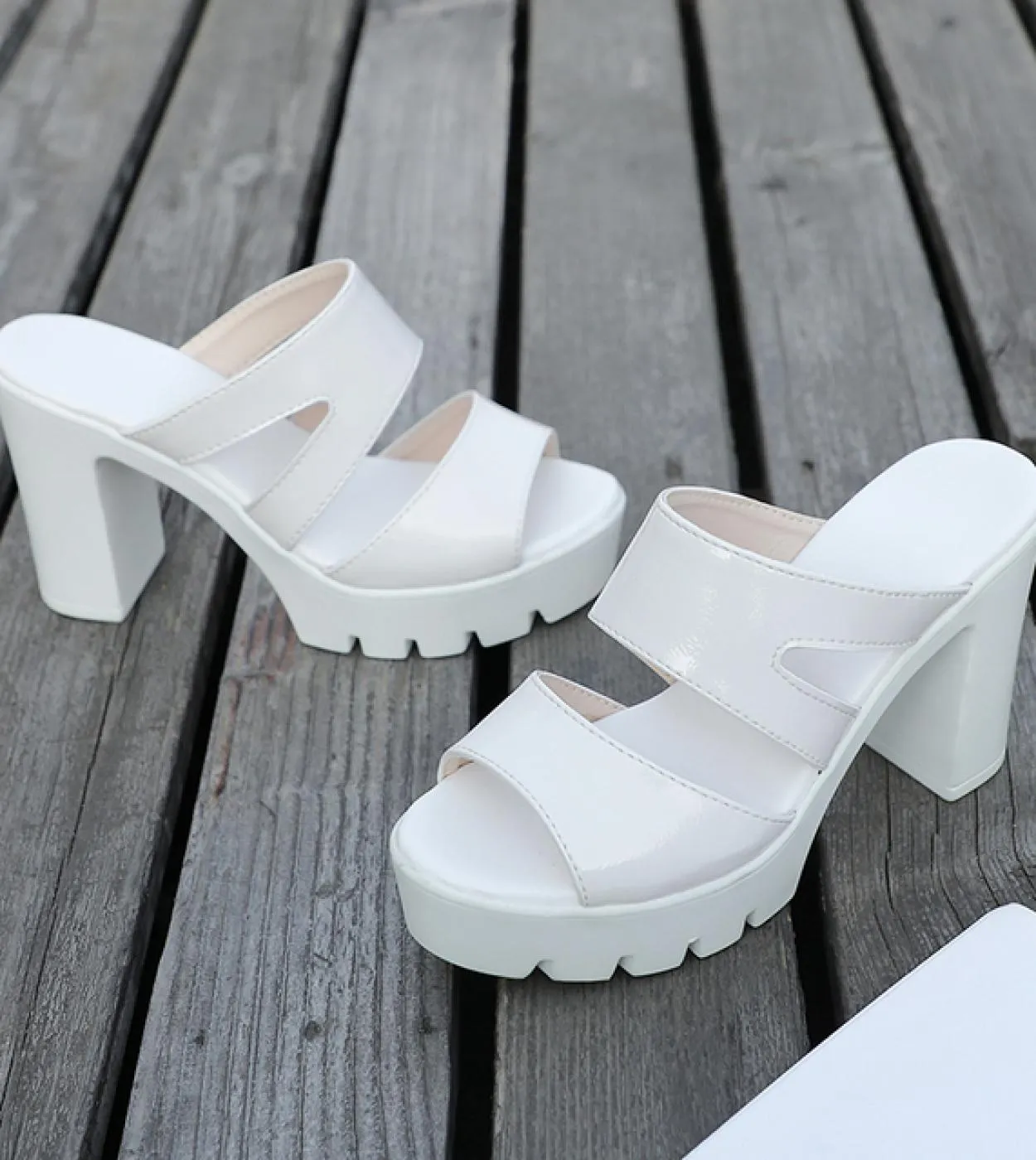 Scarpe Donna Sandali Pantofole estive Pelle verniciata 9cm Pantofole a bocca di pesce con tacco alto e tacco spesso Taglie forti