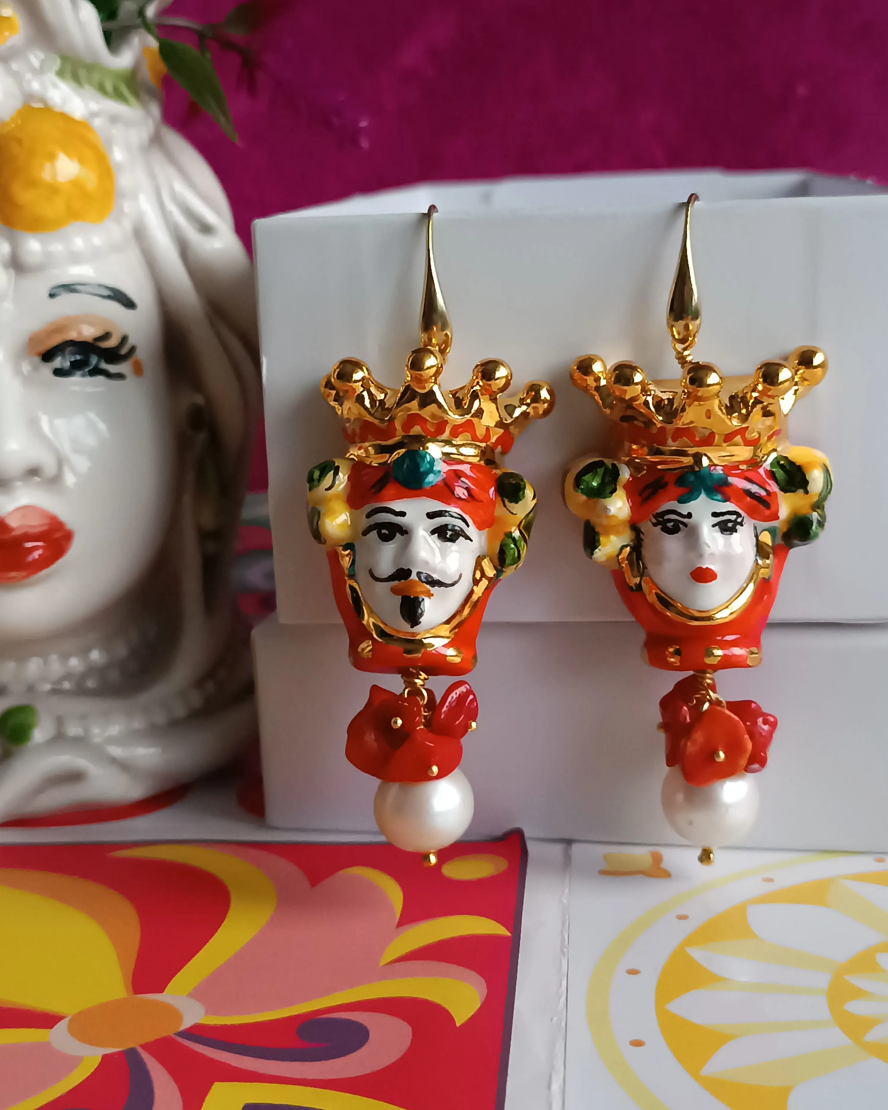 Sicilian Earrings with Ceramic Moor Heads and Baroque Pearls