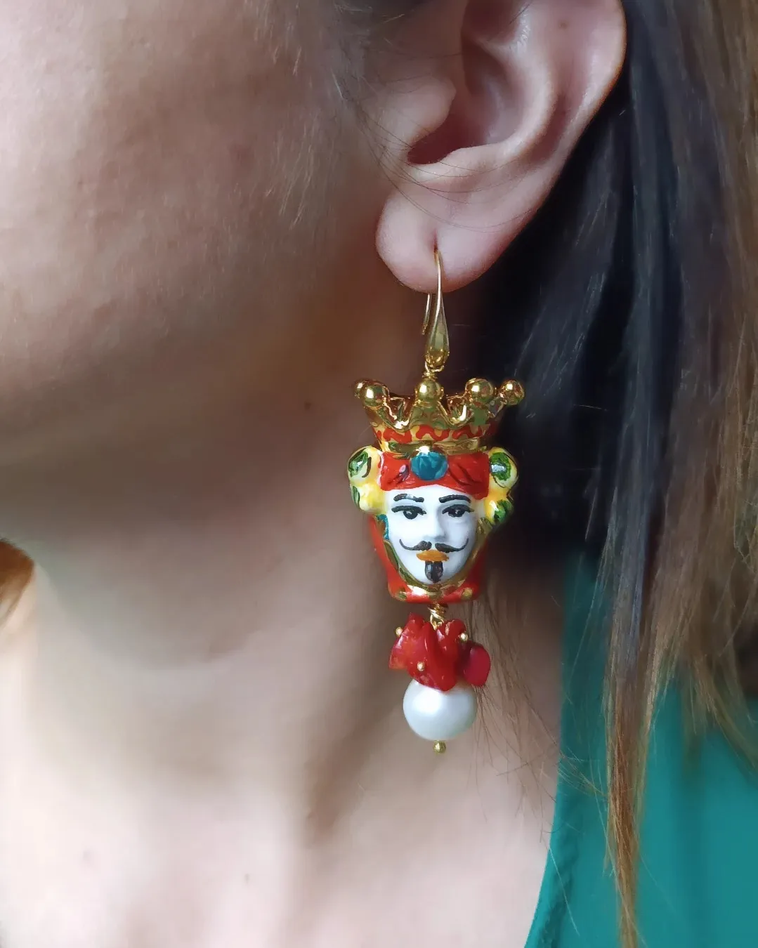 Sicilian Earrings with Ceramic Moor Heads and Baroque Pearls