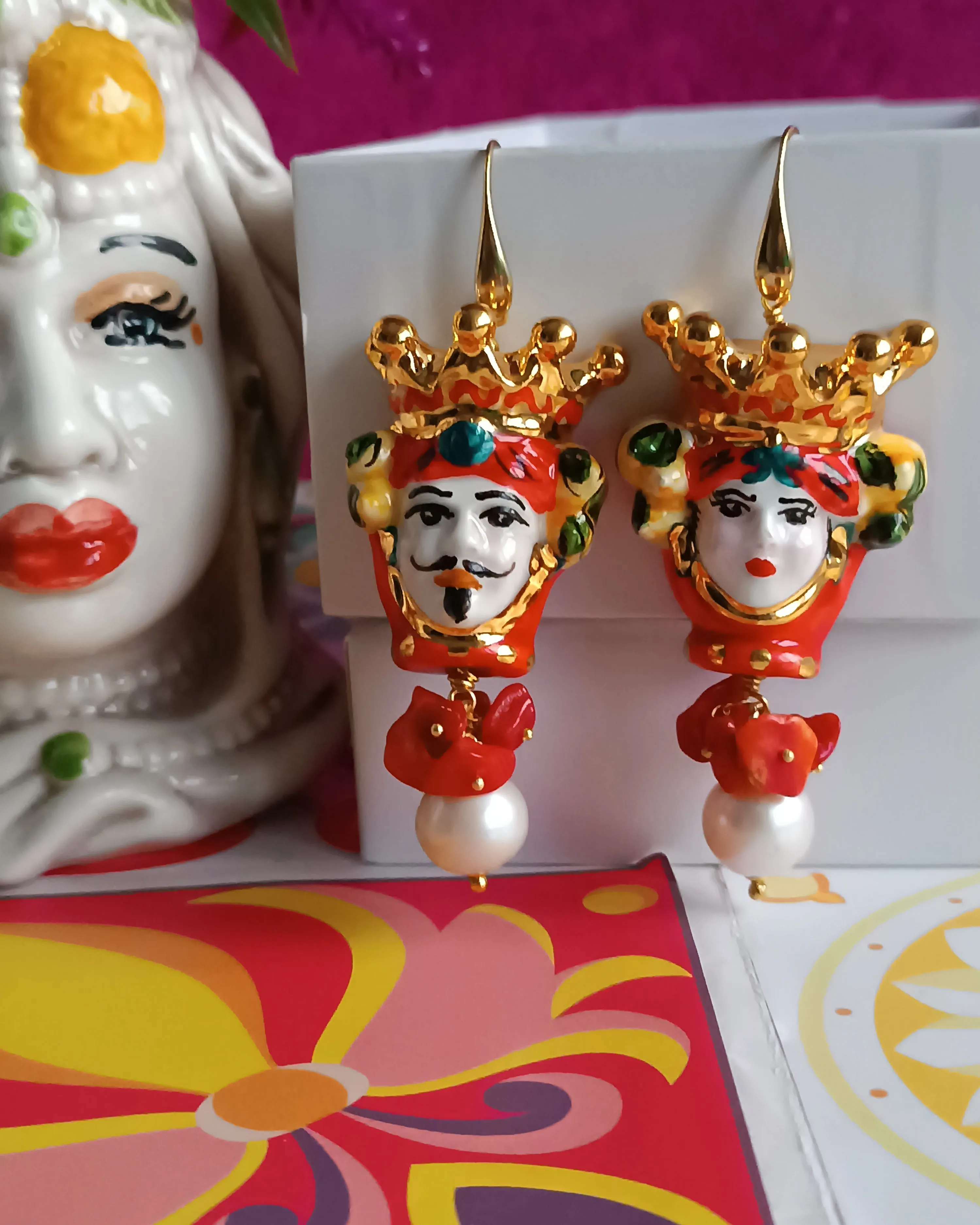 Sicilian Earrings with Ceramic Moor Heads and Baroque Pearls