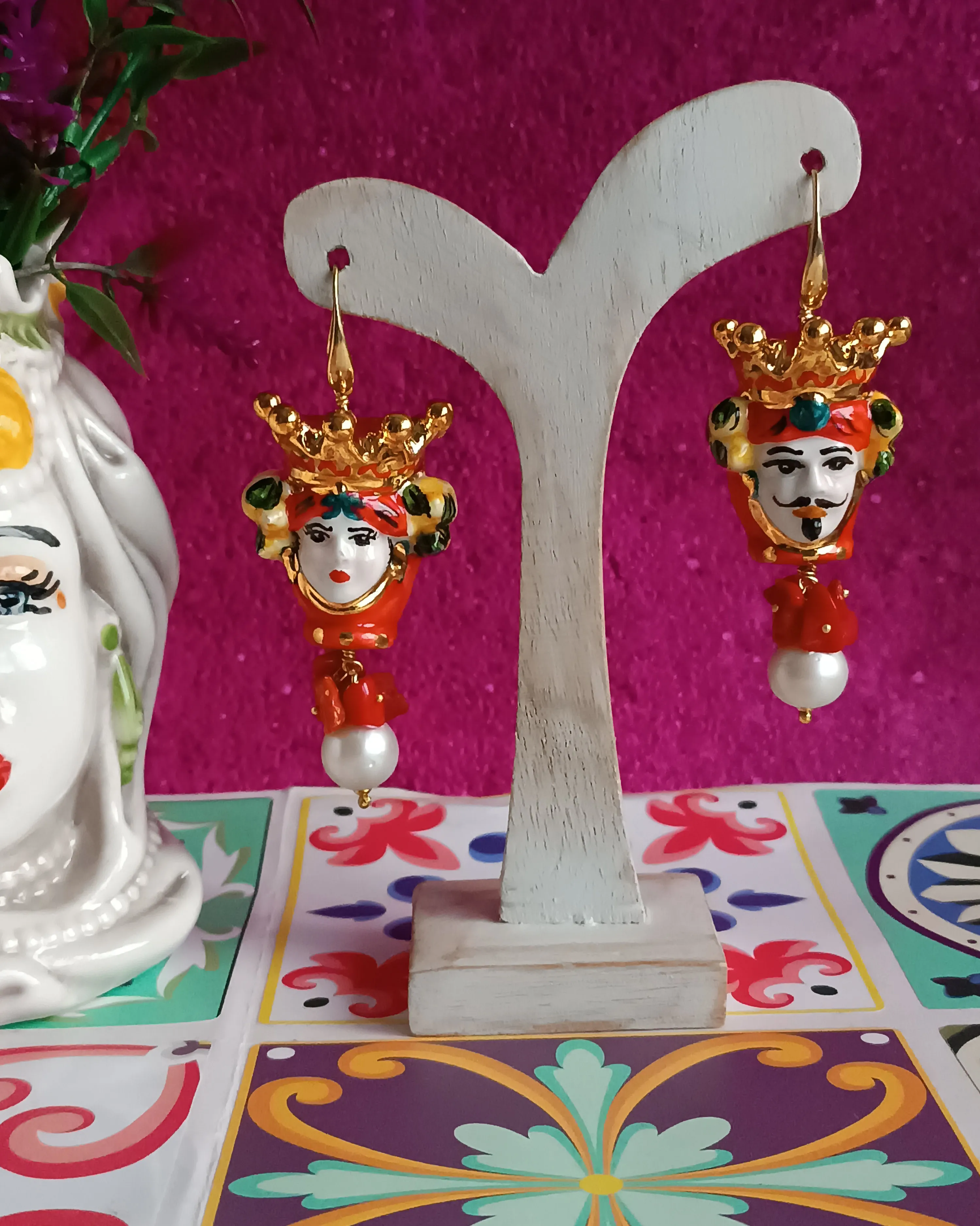 Sicilian Earrings with Ceramic Moor Heads and Baroque Pearls