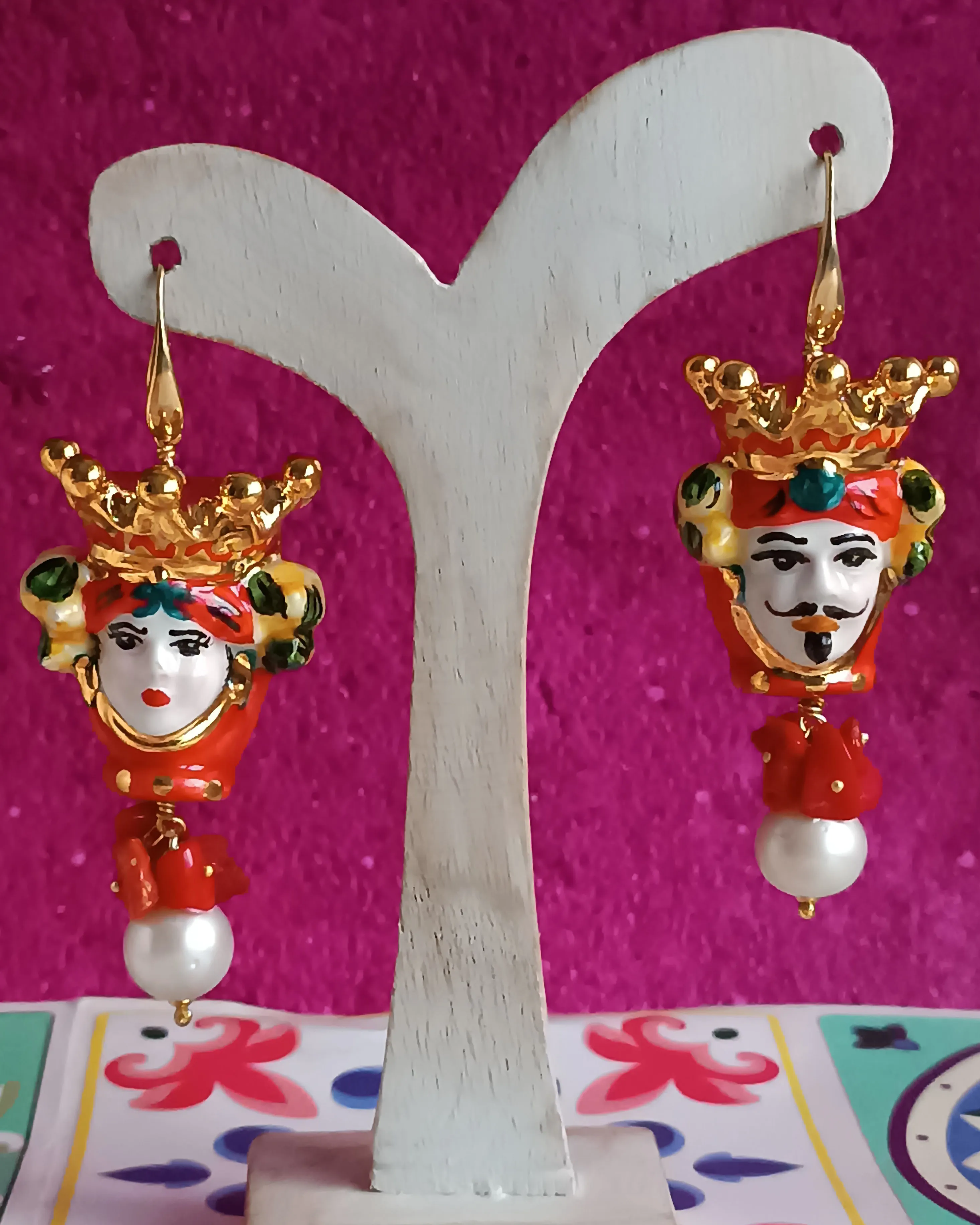 Sicilian Earrings with Ceramic Moor Heads and Baroque Pearls