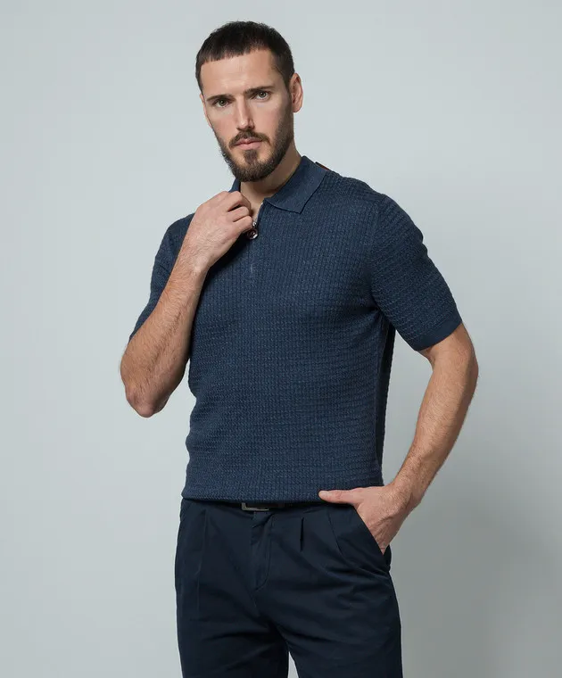 Stefano Ricci Polo blu realizzata in seta, cashmere e lino con motivo strutturato K616363P31F24105