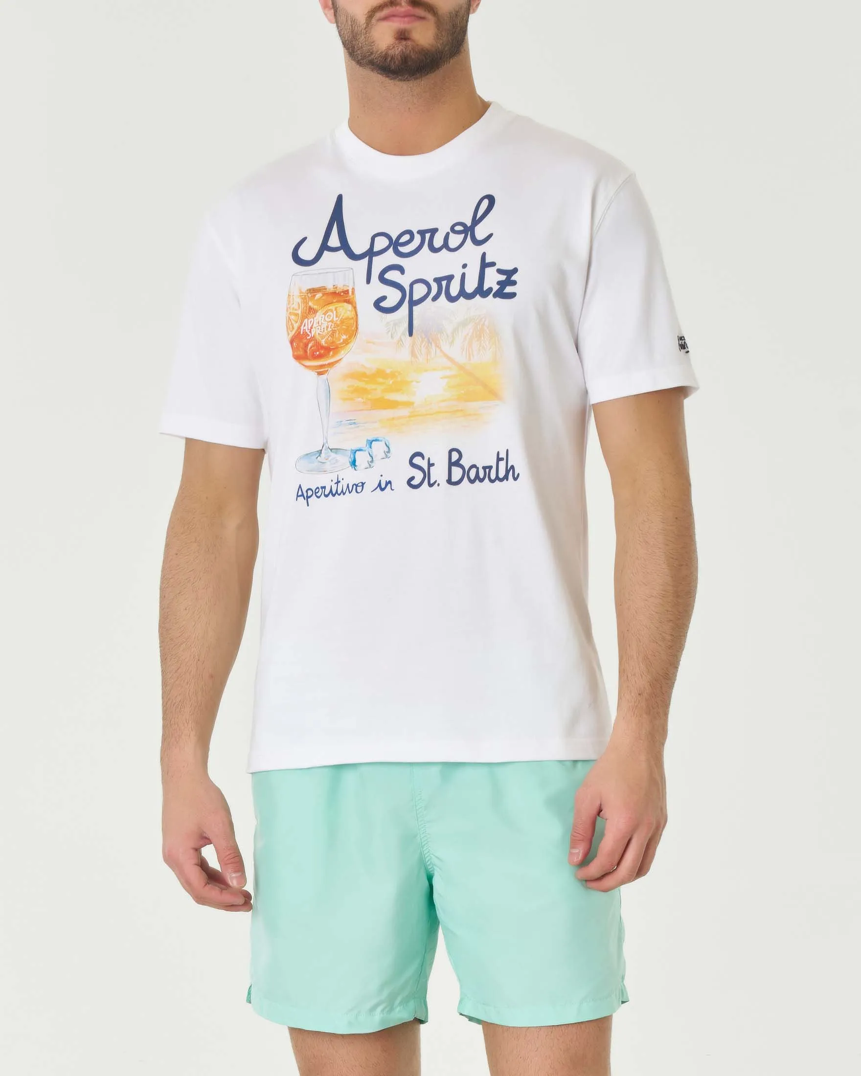 T-shirt bianca mezza manica in cotone con stampa grafica Aperol spritz