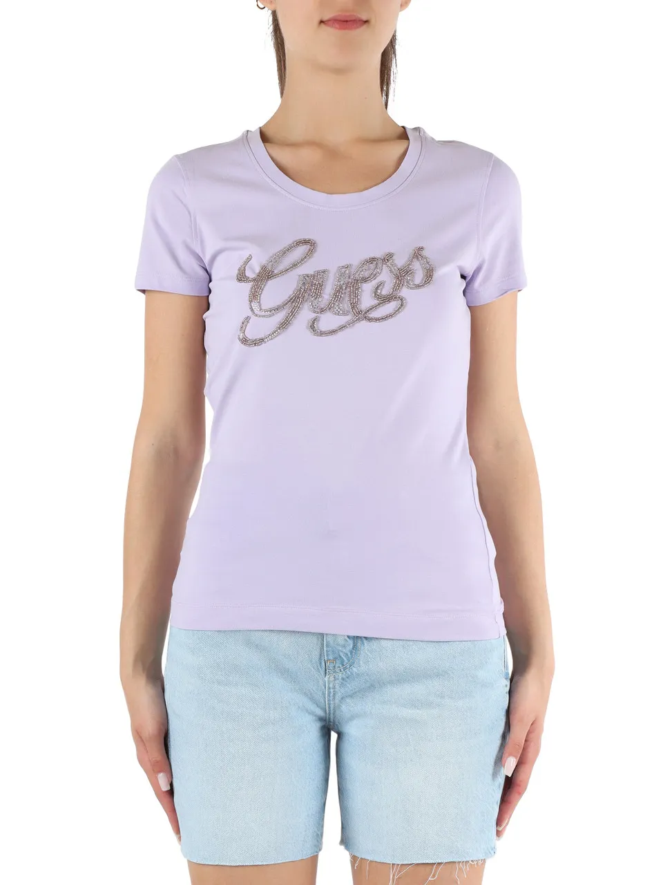 T-shirt slim fit in cotone stretch con logo in strass e perline