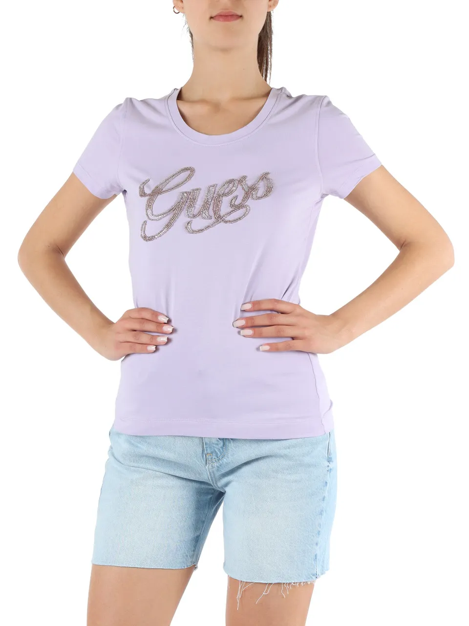 T-shirt slim fit in cotone stretch con logo in strass e perline