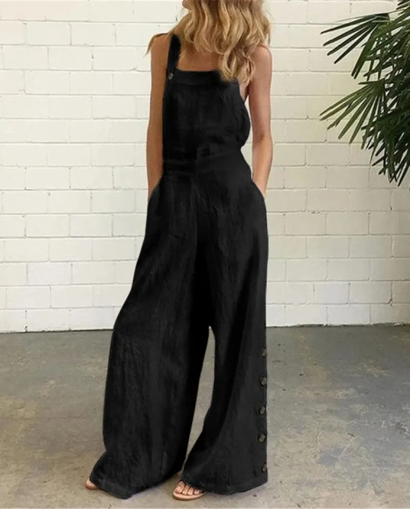 Tuta da donna senza maniche con bottoni alla moda Tuta di grandi dimensioni con bretelle larghe casual Pantaloni con bretelle la