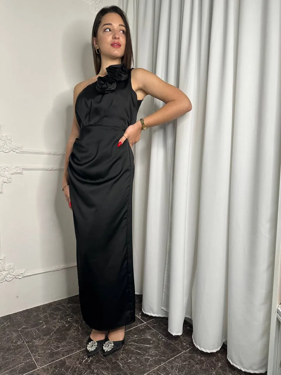 Vestito Monospalla Rose black